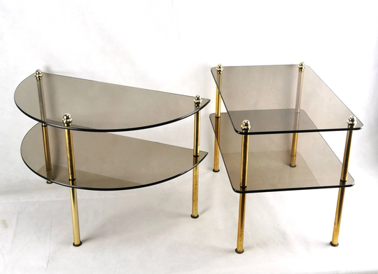 Set Of 2 Coffee Brass Tables, Gold & Dark Glass, Vintage Mid Century Furniture