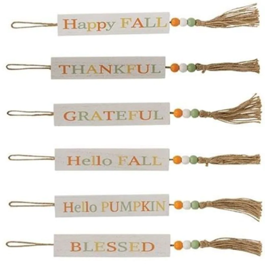 Harvest Multi Color Beaded Wood Tag with Tassel 6 Asstd. - 16.5" long by 1.5" wide (tag)