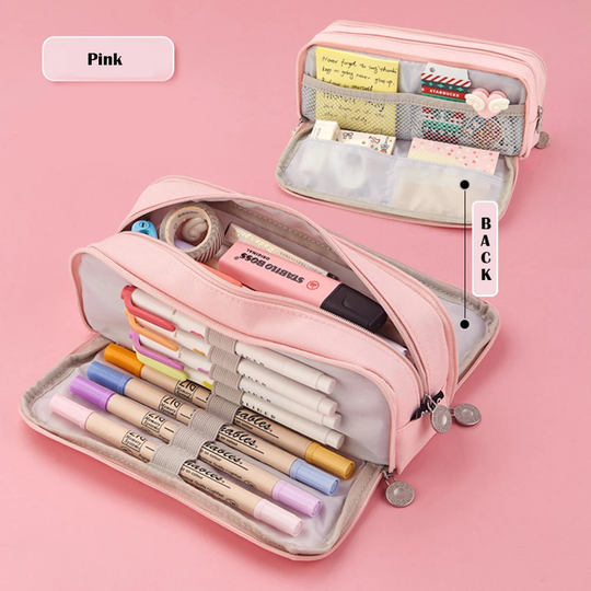 Medium Storage High Capacity Bag 3 Compartment Big Pencil Pen Case Office College School Pouch Holder Box Organizer | Pink