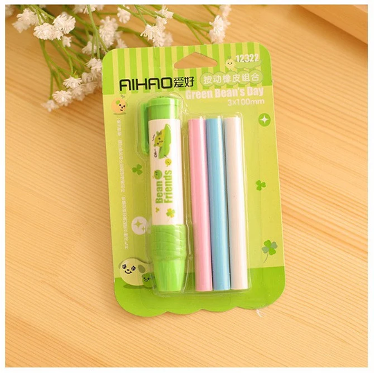 Dark Green Bean Erasers Set - 4 Piece Set, Push Erasers, Novelty Gifts, Pencil Kawaii Long Eraser, Cute Stationary