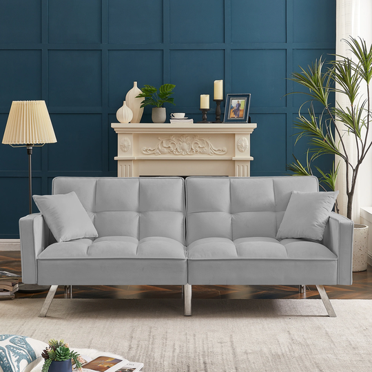 Modern Multiple Adjustable Velvet Sofa Couch Bed with Armrests and 2 Pillows with Metal Legs for Living Room and Bedroom