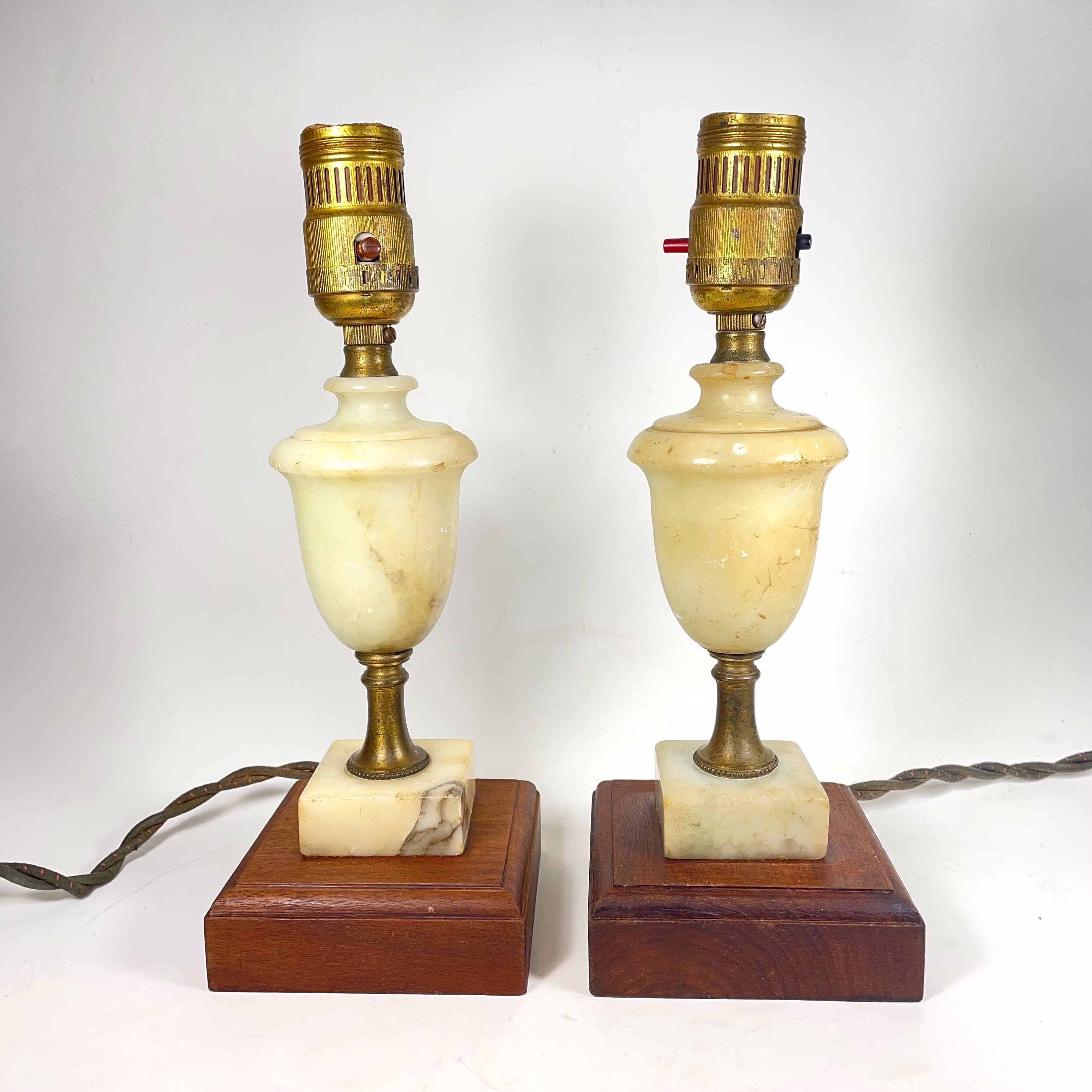 Matching Pair Of Alabaster, Wood, & Brass Lamps | Vintage Classic Traditional Equestrian Home Lighting