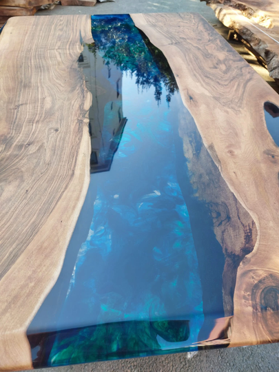 Epoxy Resin Table, Custom 60" X 36" Walnut Blue, Turquoise, Green Dining Live Edge Order For Greg