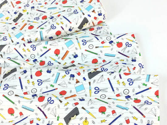 Tossed School Items White Fabric ~ Top Of The Class Collection By Hannah Pencil & Ink Studio For Blank Quilting, 100% Cotton