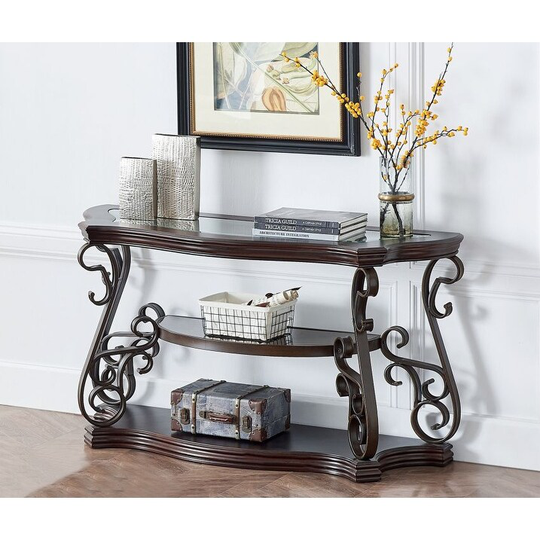 Sofa Table, Glass table top, MDF W/marble paper middle shelf, powder coat finish metal legs.