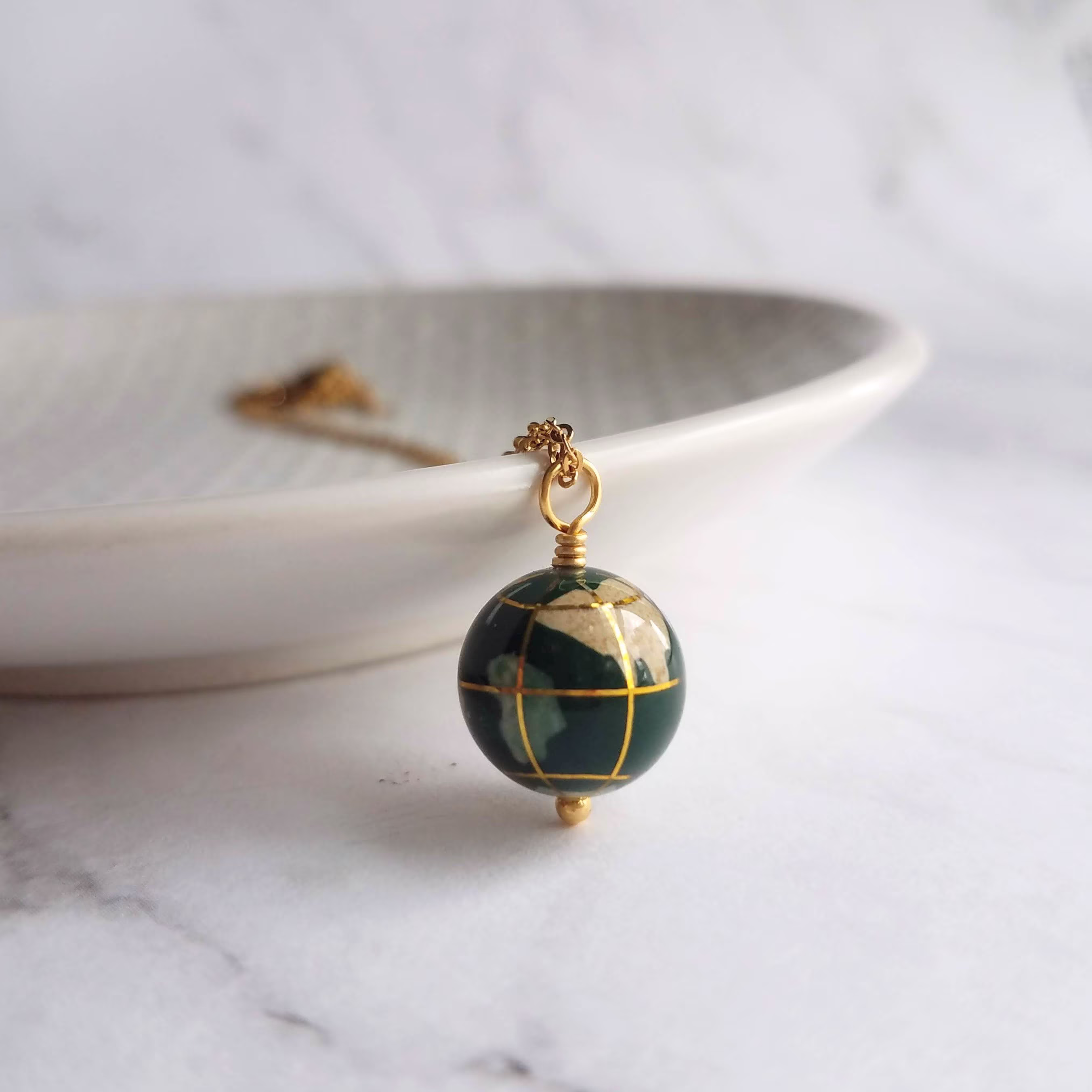 World Necklace, 12mm Globe Necklace, Gemstone Earth Stone Vacation Gift, Miss You Malachite
