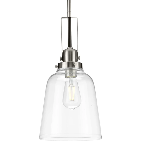 Rushton Collection 1-Light Brushed Nickel Clear Glass Industrial Pendant Hanging Light - 8.5 in x 8.5 in x 16.87 in