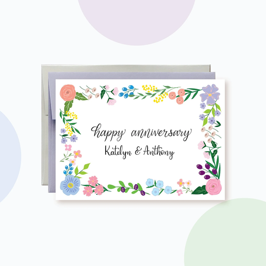 Personalized Colorful Flowers & Leaves Anniversary Card, Wild Anniversary Card, Spring Summer Floral Wreath Card For Friends