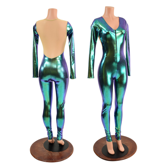 Sheer Mesh Back Catsuit in Scarab With Almond Mesh, Long Sleeves, Scoop Neck, 11" Black Nylon Front Zipper 157849