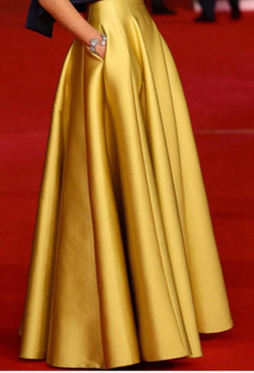 Long Gold Skirt High Waist Pleated Bridesmaid Dress Engagement Wedding Prom Formal Dress For Woman