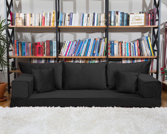 Black Velvet Floor Seating Sofa, Turkish Arabic Living Room, Oriental Moroccan Home Decor Couch, French Cushions, Yoga Meditation Bed