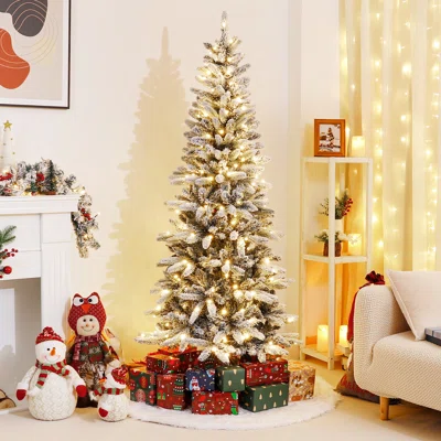 7ft Pencil Christmas Tree With Flocked Snow Led Lights Pre-lit Artificial Xmas