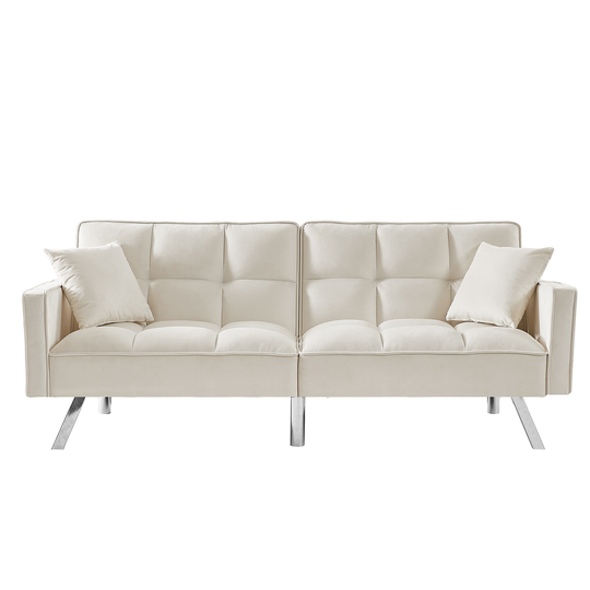 Classic Loveseat Sofa Bed Velvet Upholstered Split-back Design Convertible Futon Sofa Adjustable Back with 2 Pillows