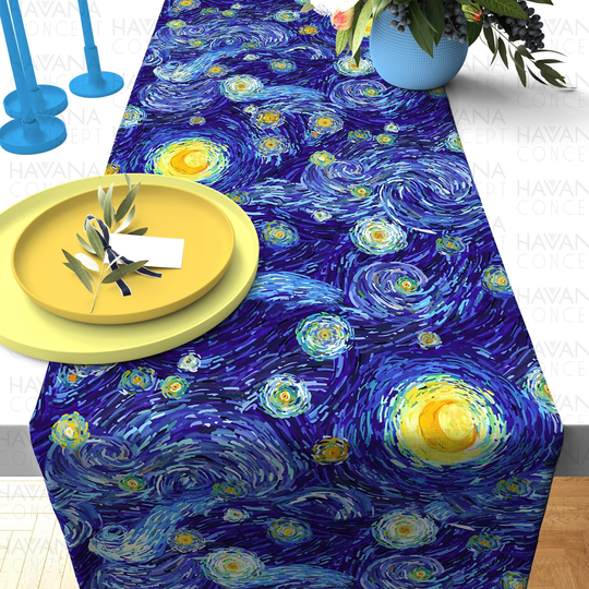 Van Gogh Starry Night Table Runner - Vincent Inspired Painting Art Print Dining Runner, Kitchen Wedding Decor