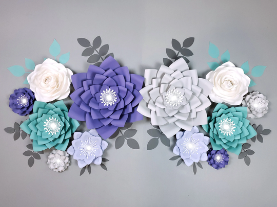 Purple, Teal & Gray Paper Flowers Wall Decor