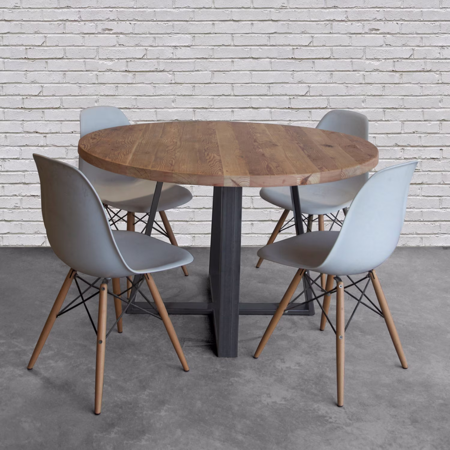 Round Wood Pedestal Dining Table - Reclaimed Top With Steel Legs Barnwood Coffee Hand Crafted