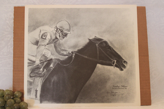 Sam Jurige Pencil Sketch Lithograph Of Race Horse Sunday Silence, 1989 Kentucky Derby Winner - 11.5" By 12.75"