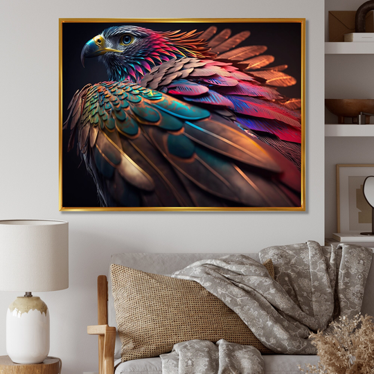 Designart 'Macro Colorful Feather Eagle II' Animals Framed Canvas Art Print