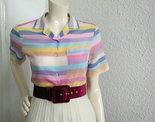 70S Colorful Blouse Color Block Summer Pastel Multicolor Sheer Notched Collar Rainbow Button Up Shirt