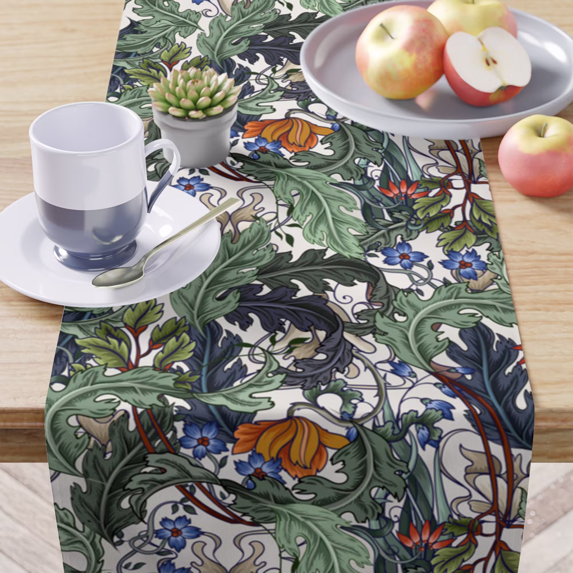 Art Deco Table Runner, Green Tablecloth, Runner With Leaves & Flowers, Floral Cloth
