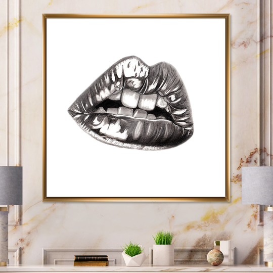 Designart 'Female Lips With Black Pencil' Glam Framed Canvas Wall Art