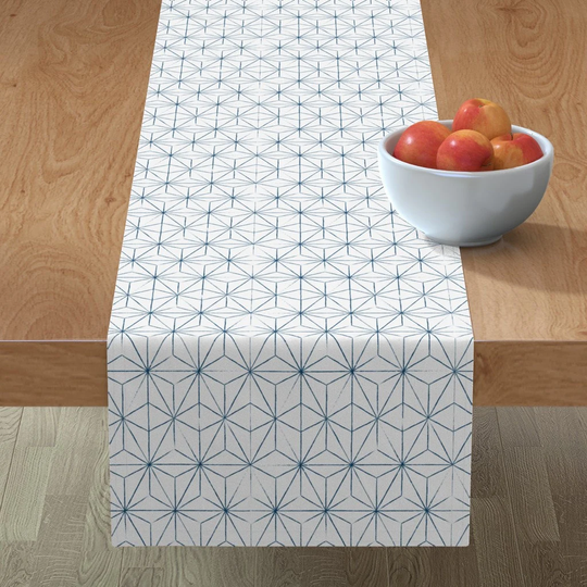 Japanese Geometric Table Runner - Sashiko Pale By Tarynosaurus Blue & White Style Cotton Sateen Spoonflower