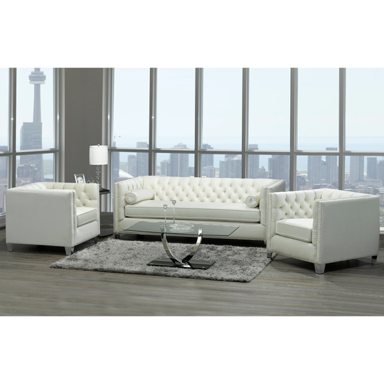 Oz Modern Ivory Velvet Tufted Nailhead Sofa and Two Chairs