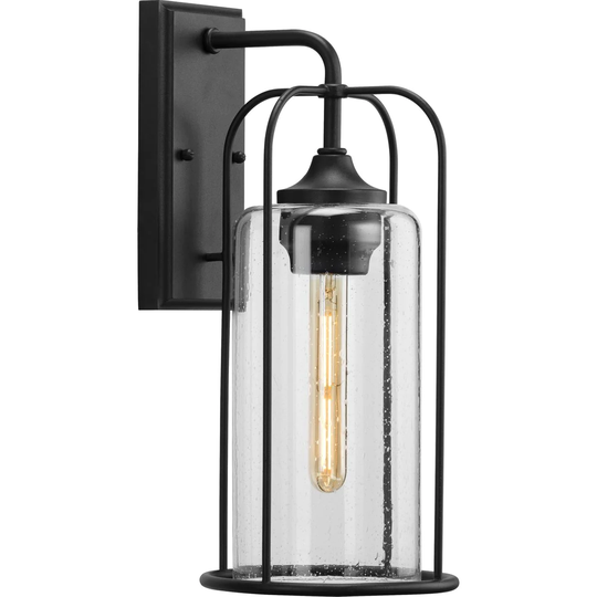Watch Hill Collection 1-Light Textured Black Clear Seeded Glass Farmhouse Outdoor Medium Wall Lantern Light