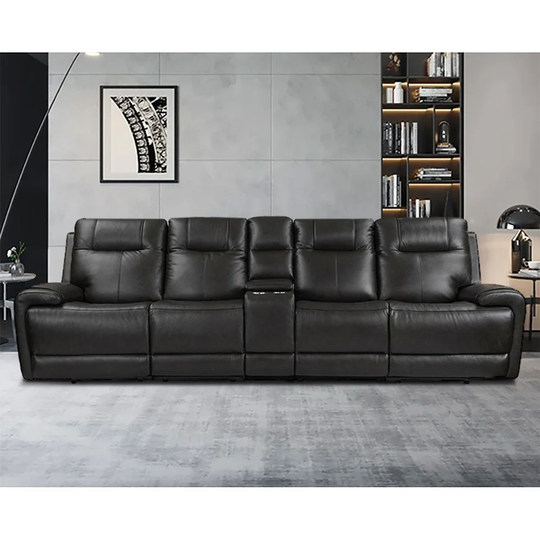 4 Seat Recliner Sofa Top Grain Leather Power Reclining Sofa with Storage Console, Adjustable Headrest