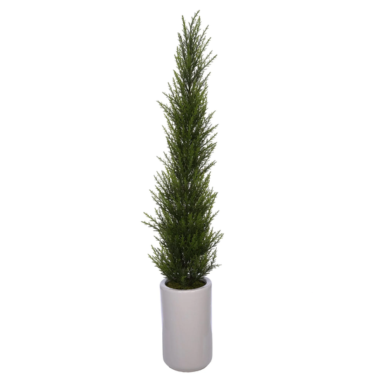 Faux 38-Inch Cedar Pencil Topiary in White Cylinder Ceramic Vase