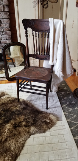 Original 1800's Oak Victorian Pressed Back Spindle Chair Carved Leather Pony Seat