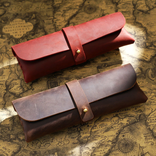 Rustic Retro Style Top Grain Leather Pencil Case | Leather Pencil Pouch Holder Sunglasses Wrap Design Gifts For Him