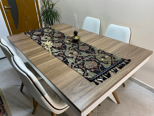 Black Turkish Coffee Table Cloth Runner, Tulip Floral Beautiful Home Accent, Diner Rnr235