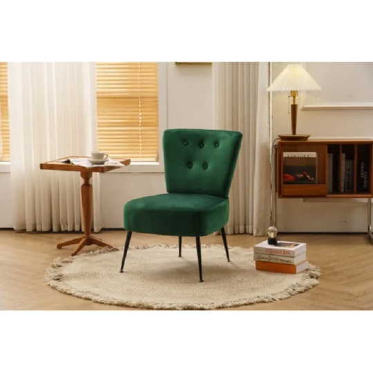 Tufted back Green velvet fabric farmhouse slipper chair accent chair with black metal legs for dining room living room bedroom