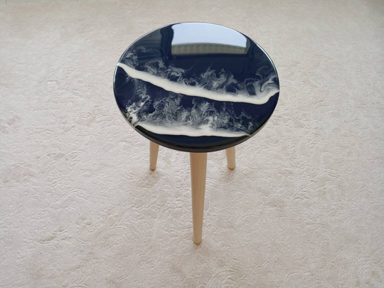 Round Resin Ocean Wave Natural Table, Beach Art Design Modern Small Wood Side Sofa End Unique Coffee Table, Living Room, Bedroom Bedside Table