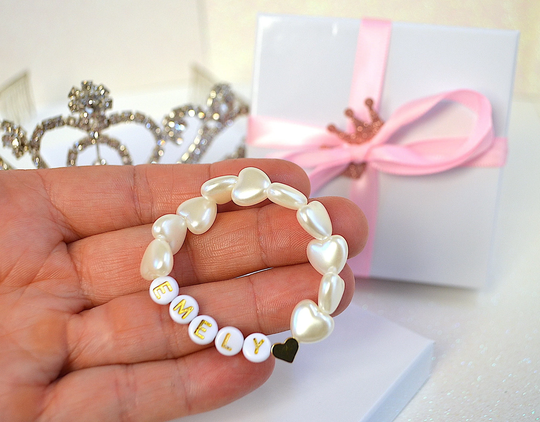 18K Gold Pearl Heart Baby Bracelet, Girls Personalized Best Friends, Shower Gift, Newborn Toddler, Easter