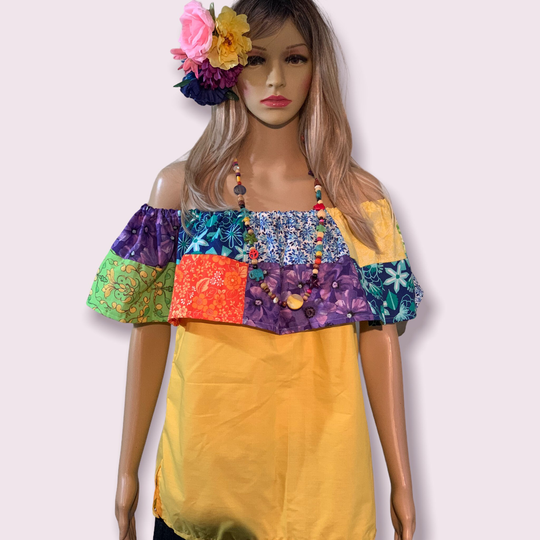 Panamanian Congo Shirt Stylish Style Size M 41" Single Ruffle Yellow Multicolor