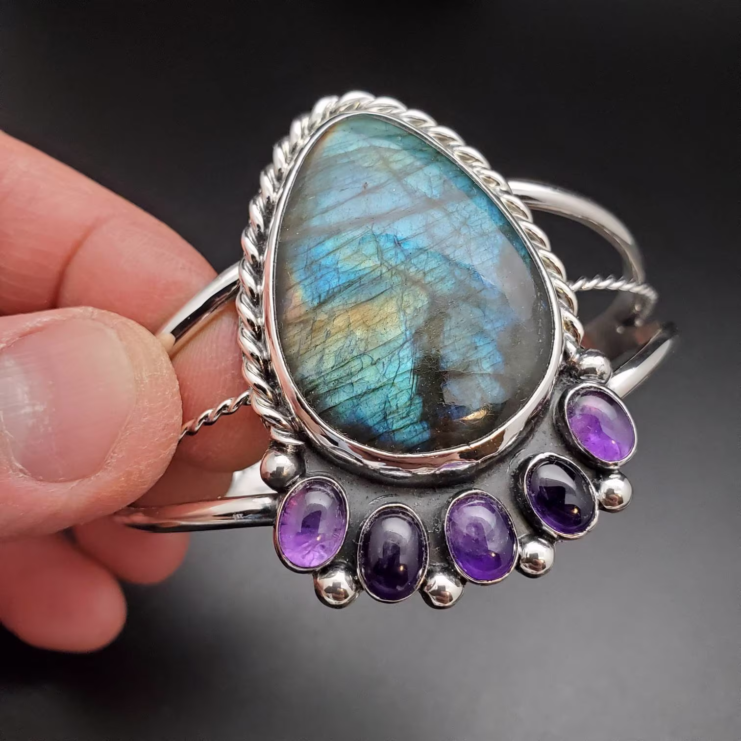 Socute925 Big Labradorite Cuff Bracelet With White Moonstone | Silver Made in Usa