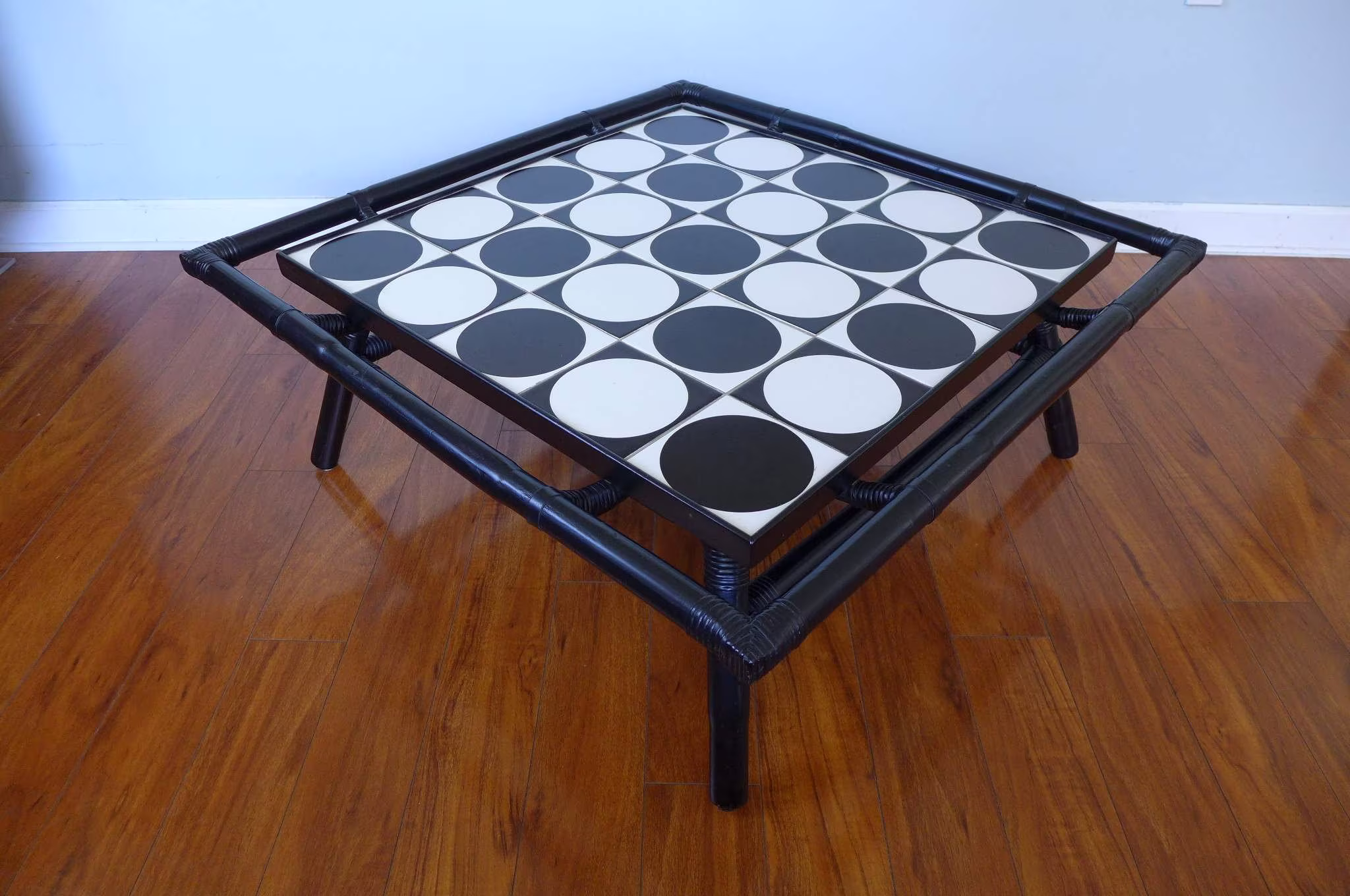Op Art Tile Top Rattan Coffee Table Vintage Black & White Circle Design Cocktail Mid Century Modern Square Low