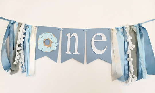 Dusty Blue Donut High Chair Banner, Birthday Boy, Garland, Grow Up Baby Boy One Donut, 1st