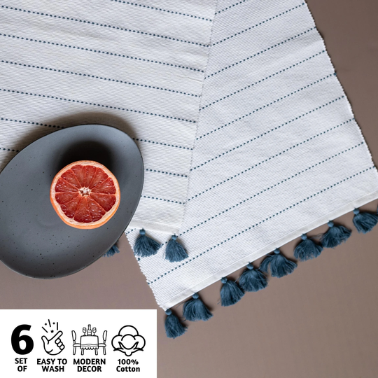 Folkulture Placemats For Dining Table, 100% Cotton Place Mats Or Table Farmhouse Spring With Tassels Blue