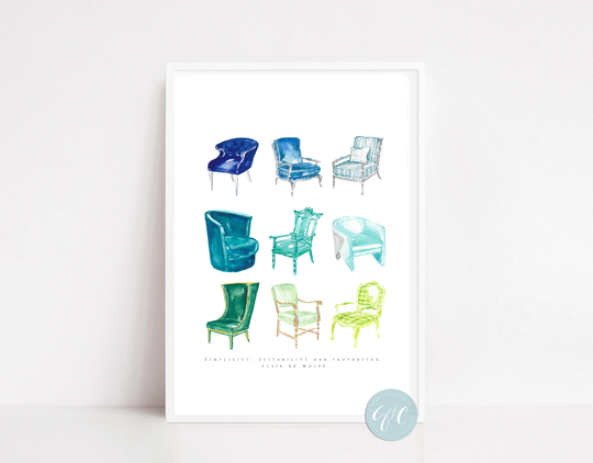 Decor, Interior Design Print, Chair Illustration, Watercolor, Art Elsie De Wolfe Quote, Lover, Gift For Her