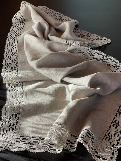 Rustic Linen Table Runner Grey Vintage Stonewashed Farmhouse Natural Grey Floral Lace