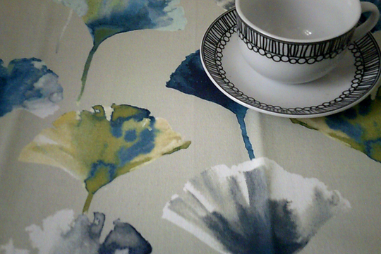 6.5Ft Blue Grey Table Runner Funky Modern Tropical Cotton Sideboard Ginkgo Watercolour Painted Look Decor