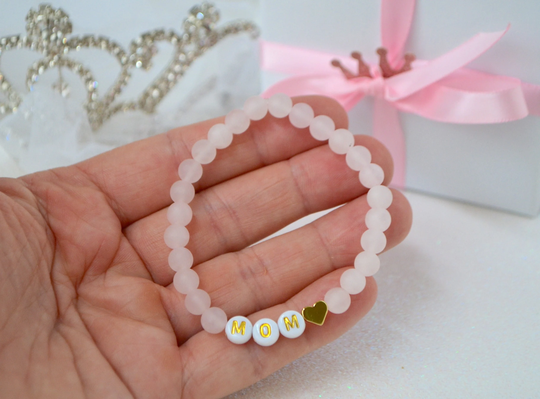 Rose Quartz Mom Bracelet, Personalized 18K Gold Heart Pink Mama Mother's Day Gift, Love Mom, Mamma Girls Besties