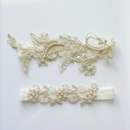 Wedding Garter Set, Light Gold Beaded Lace Garter, Toss, Belt, Prom
