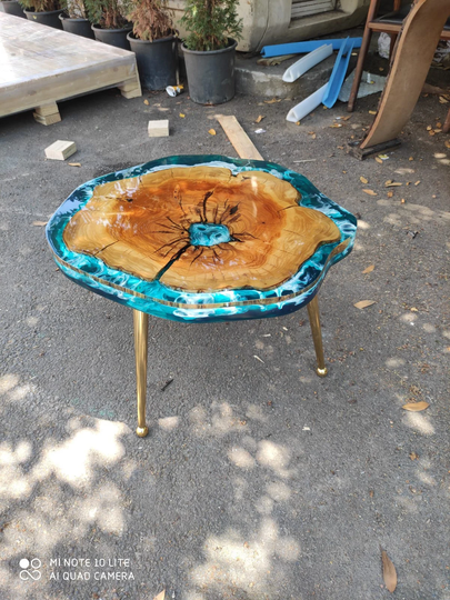 Round Coffee Table, Epoxy Custom 24" Diameter Walnut Wood Shiny Blue Order For Kim G
