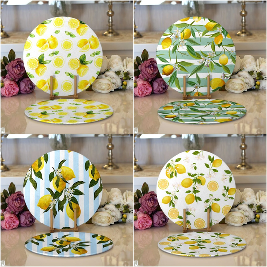 Lemon Placemat|Set Of 2 Table Mat|Round Tree Dining Supla|Farmhouse Style Yellow Green Fresh Citrus Underplate Coaster