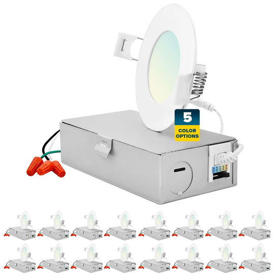 Sunperian 16-Pack 3 inch Ultra-Thin LED Recessed Light J-Box 5 Color Options 8W 540 Lumens Dimmable Wet Rated ETL