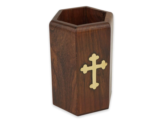 Wooden Pen & Pencil Holder With Metal Cross Decorations | Desk, Home Altar, Prayer Corner